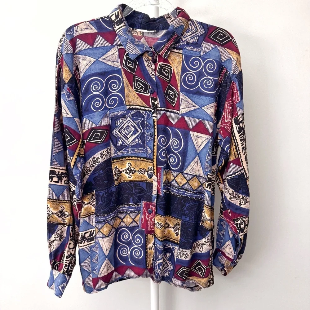 Vintage Floral Paisley Pattern Boho Festival Hippie Button Down Shirt Blouse - Picture 2 of 10